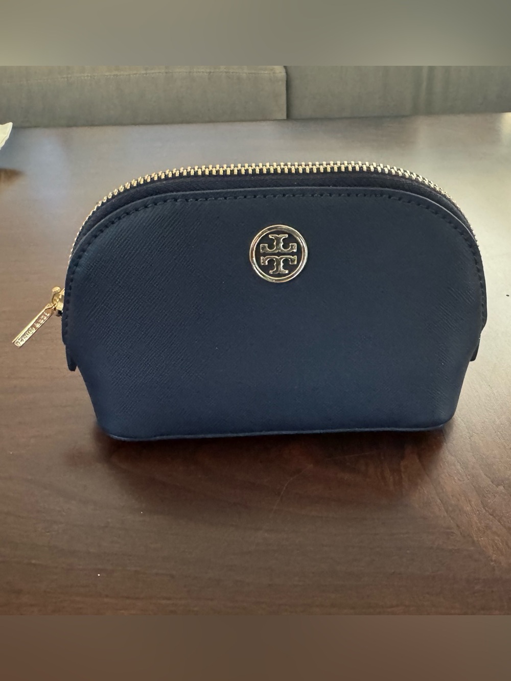 Tory Burch Navy Saffiano Leather Makeup Bag with Gold Logo